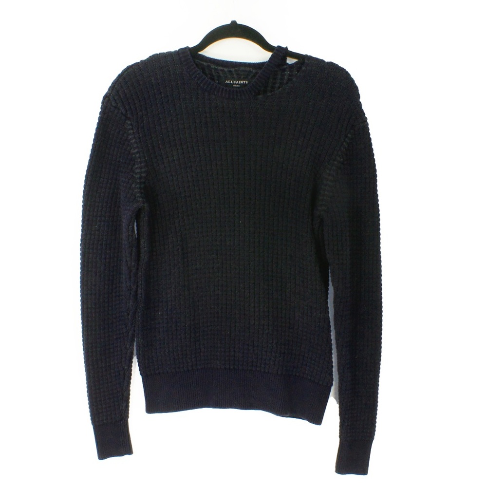 All Saints Distressed Dark Navy Blue Crew Neck Black Sailor Nordic Knit Sweater